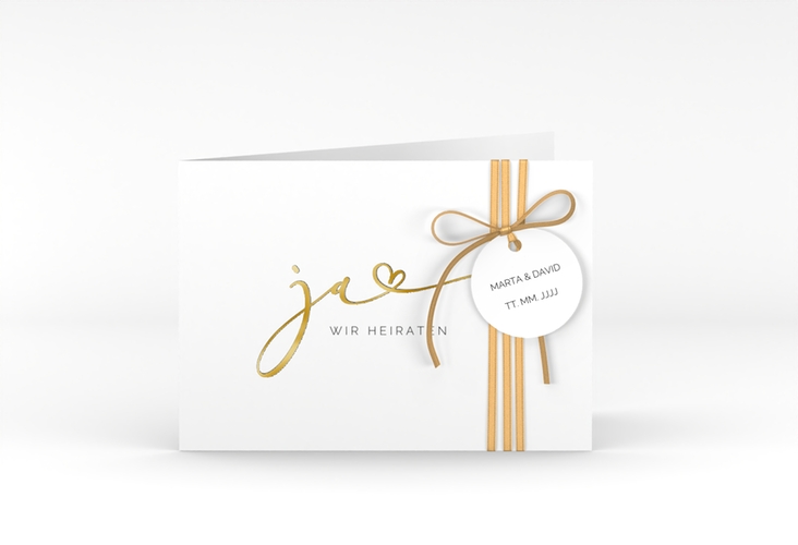 Hochzeitseinladung Jawort A6 Klappkarte quer weiss gold modern minimalistisch mit veredelter Aufschrift