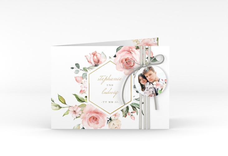 Einladung Hochzeit Graceful A6 Klappkarte quer weiss gold mit Rosenblüten in Rosa und Weiß