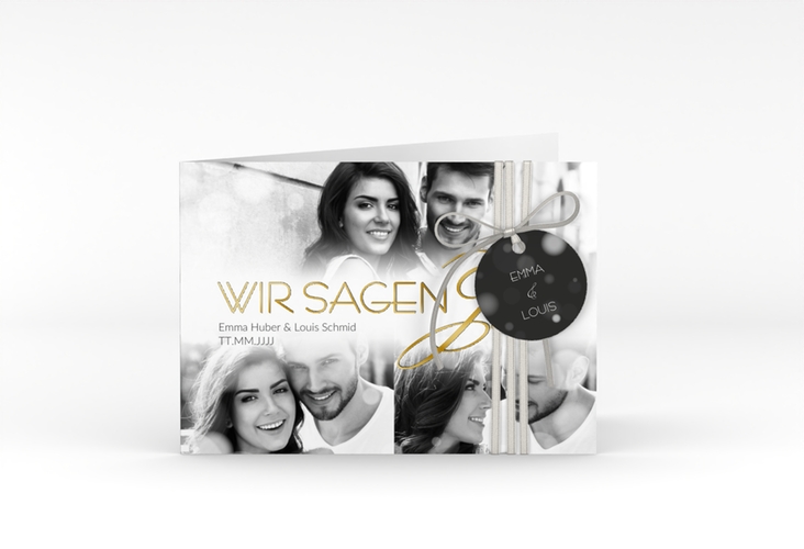 Hochzeitseinladung Bokeh A6 Klappkarte quer weiss gold