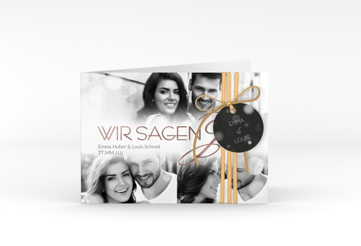 Hochzeitseinladung Bokeh A6 Klappkarte quer weiss rosegold