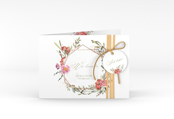 Hochzeitseinladung Sommergarten A6 Klappkarte quer weiss rosegold