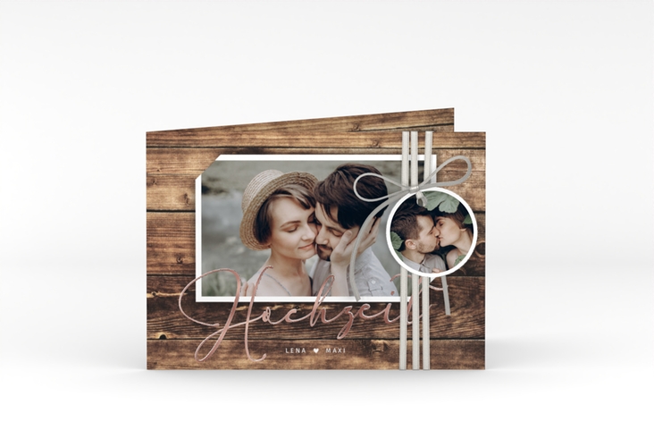 Hochzeitseinladung Rustic A6 Klappkarte quer braun rosegold in Holz-Optik mit Foto