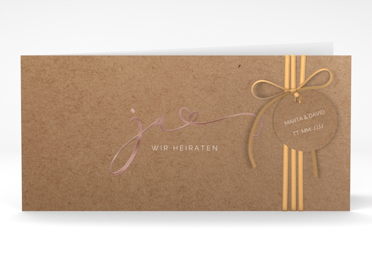 Hochzeitseinladung Jawort lange Klappkarte quer Kraftpapier rosegold modern minimalistisch mit veredelter Aufschrift