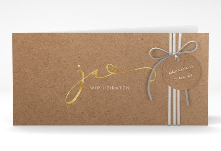 Hochzeitseinladung Jawort lange Klappkarte quer Kraftpapier gold modern minimalistisch mit veredelter Aufschrift