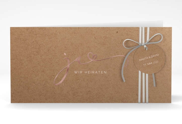 Hochzeitseinladung Jawort lange Klappkarte quer Kraftpapier rosegold modern minimalistisch mit veredelter Aufschrift