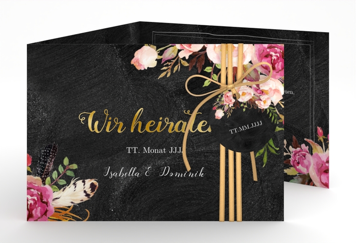 Hochzeitseinladung Flowers A6 Doppel-Klappkarte schwarz gold mit bunten Aquarell-Blumen