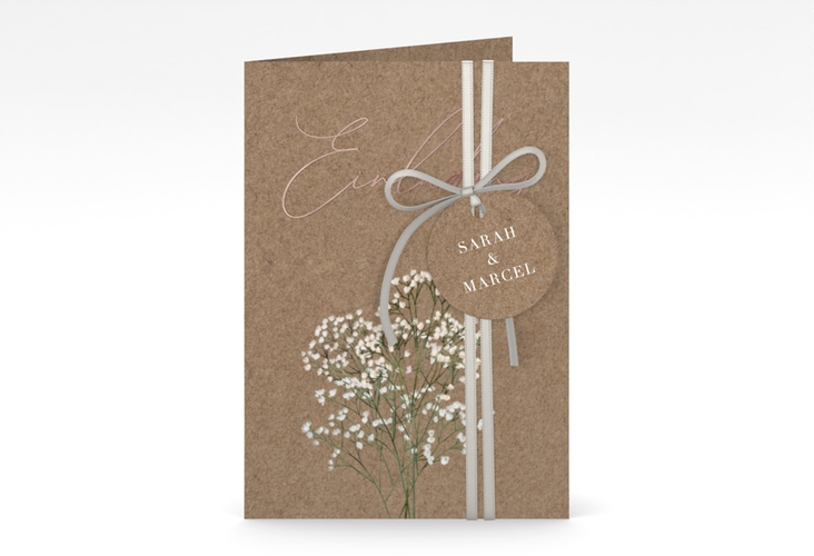 Einladungskarte Hochzeit Schleierkraut A6 Klappkarte hoch Kraftpapier rosegold