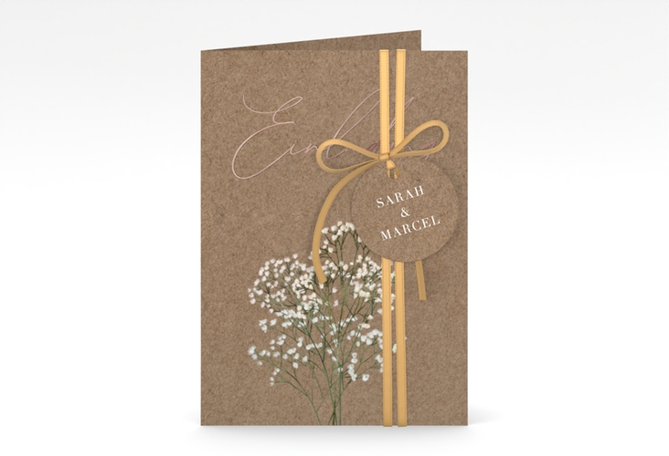 Einladungskarte Hochzeit Schleierkraut A6 Klappkarte hoch Kraftpapier rosegold