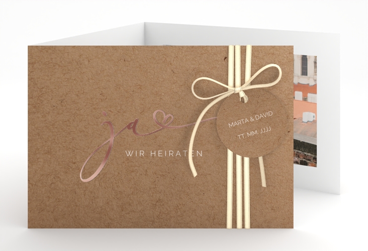 Hochzeitseinladung Jawort A6 Doppel-Klappkarte Kraftpapier rosegold modern minimalistisch mit veredelter Aufschrift