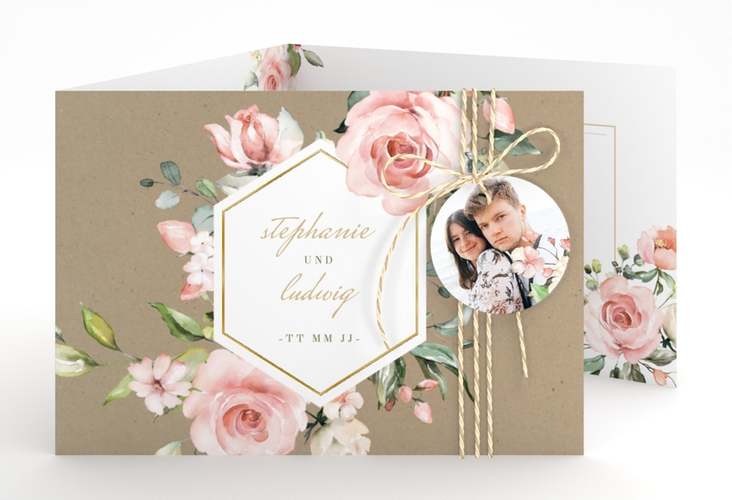 Hochzeitseinladung Graceful A6 Doppel-Klappkarte Kraftpapier gold mit Rosenblüten in Rosa und Weiß