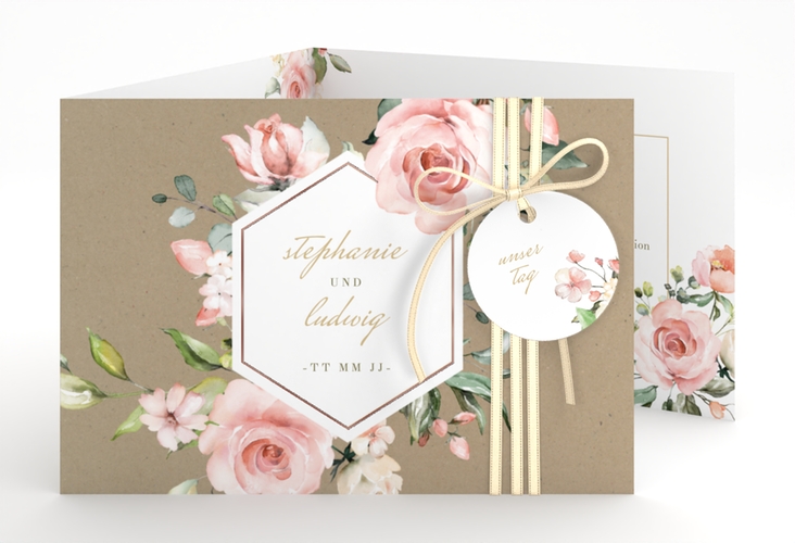 Hochzeitseinladung Graceful A6 Doppel-Klappkarte Kraftpapier rosegold mit Rosenblüten in Rosa und Weiß