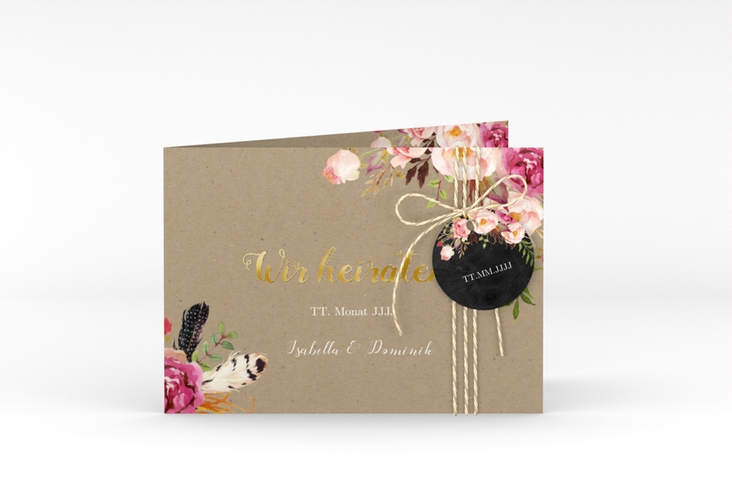 Hochzeitseinladung Flowers A6 Klappkarte quer Kraftpapier gold mit bunten Aquarell-Blumen