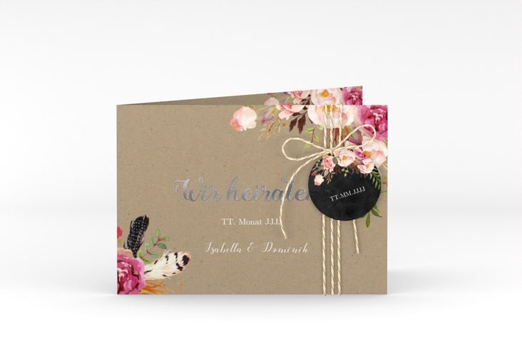 Hochzeitseinladung Flowers A6 Klappkarte quer Kraftpapier silber mit bunten Aquarell-Blumen