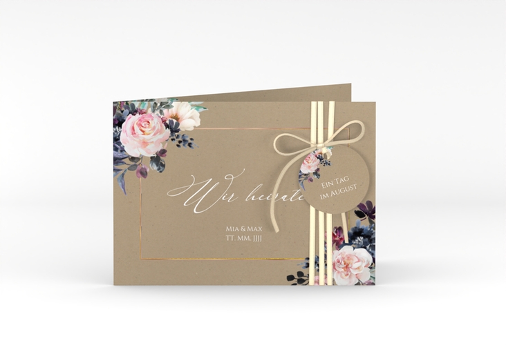 Hochzeitseinladung Abendlicht A6 Klappkarte quer Kraftpapier rosegold