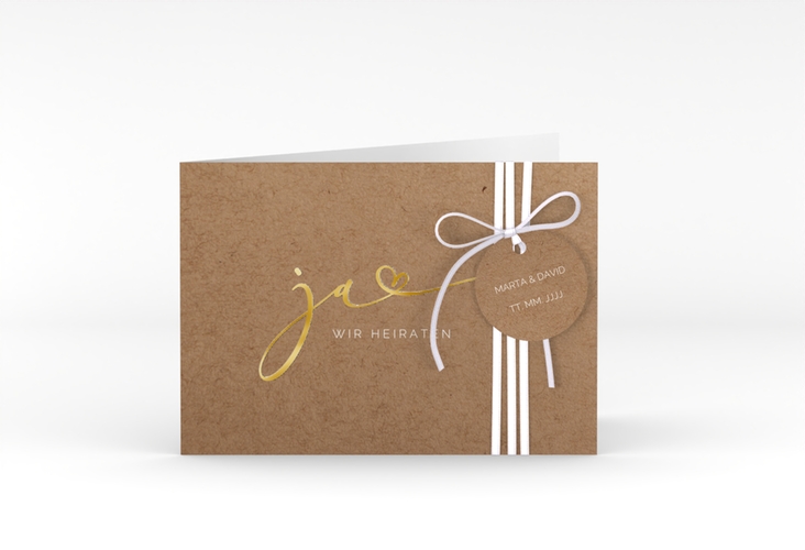 Hochzeitseinladung Jawort A6 Klappkarte quer Kraftpapier gold modern minimalistisch mit veredelter Aufschrift