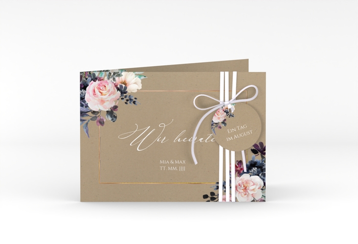 Hochzeitseinladung Abendlicht A6 Klappkarte quer Kraftpapier rosegold