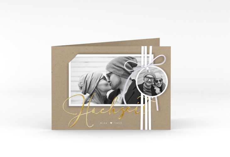 Hochzeitseinladung Crafty A6 Klappkarte quer Kraftpapier gold mit Foto