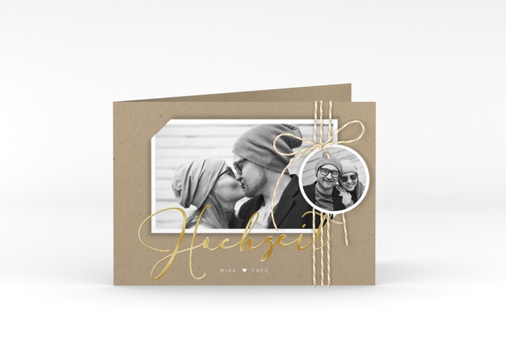 Hochzeitseinladung Crafty A6 Klappkarte quer Kraftpapier gold mit Foto