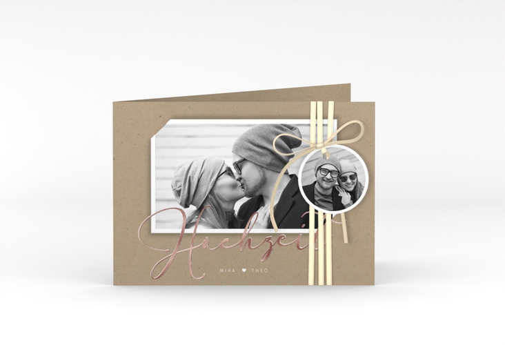 Hochzeitseinladung Crafty A6 Klappkarte quer Kraftpapier rosegold mit Foto