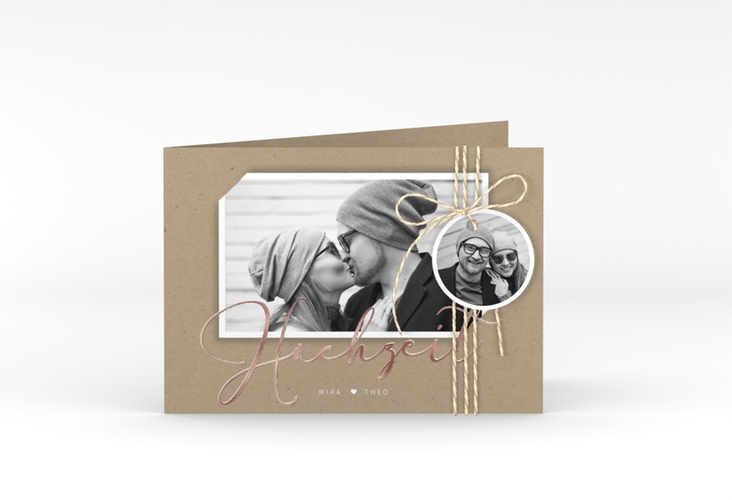 Hochzeitseinladung Crafty A6 Klappkarte quer Kraftpapier rosegold mit Foto