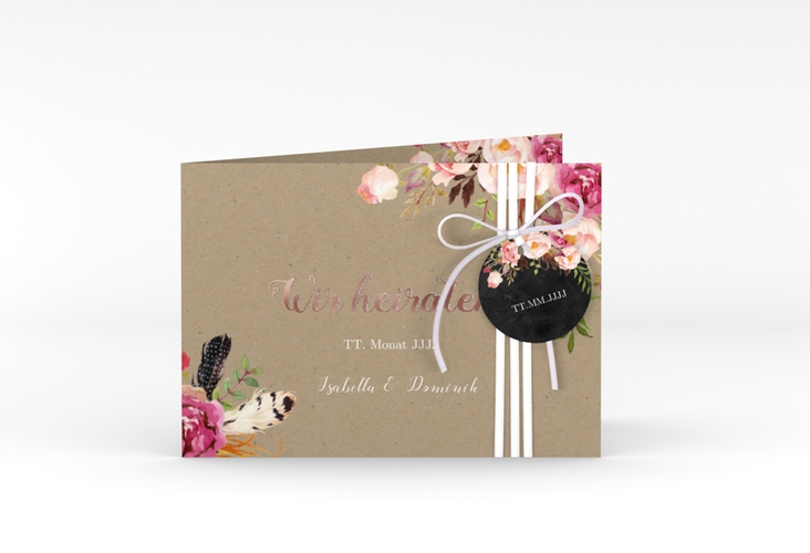 Hochzeitseinladung Flowers A6 Klappkarte quer Kraftpapier rosegold mit bunten Aquarell-Blumen