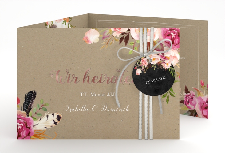 Hochzeitseinladung Flowers A6 Doppel-Klappkarte Kraftpapier rosegold mit bunten Aquarell-Blumen