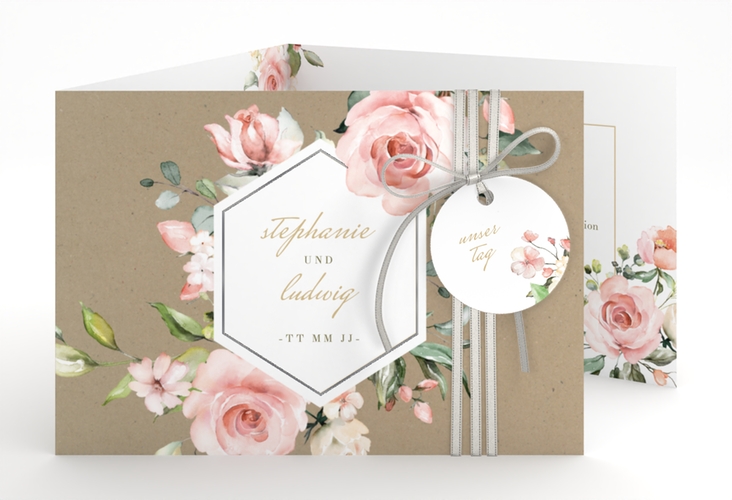 Hochzeitseinladung Graceful A6 Doppel-Klappkarte Kraftpapier silber mit Rosenblüten in Rosa und Weiß