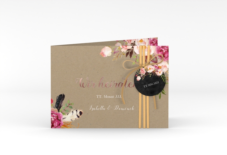 Hochzeitseinladung Flowers A6 Klappkarte quer Kraftpapier rosegold mit bunten Aquarell-Blumen