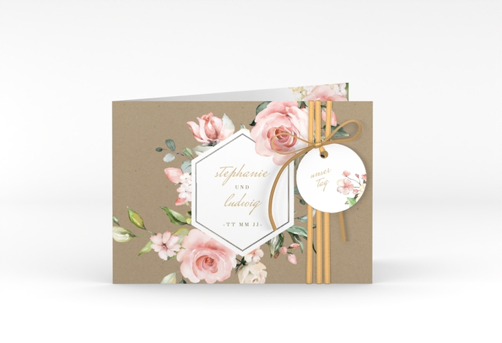 Einladung Hochzeit Graceful A6 Klappkarte quer Kraftpapier silber mit Rosenblüten in Rosa und Weiß