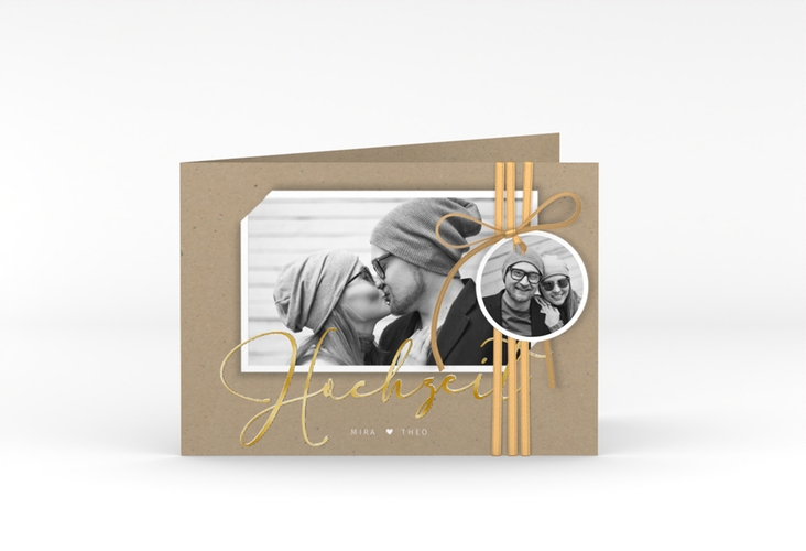 Hochzeitseinladung Crafty A6 Klappkarte quer Kraftpapier gold mit Foto