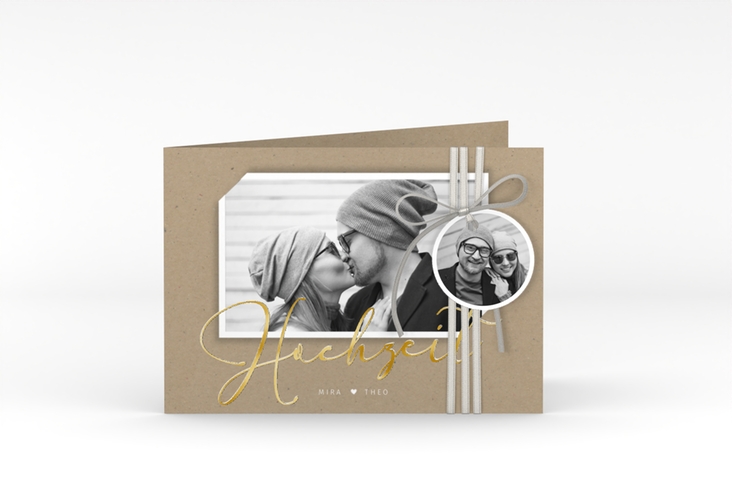 Hochzeitseinladung Crafty A6 Klappkarte quer Kraftpapier gold mit Foto