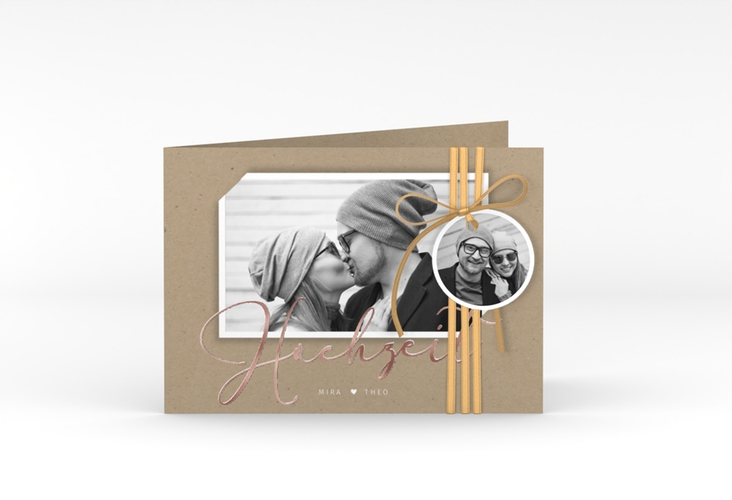 Hochzeitseinladung Crafty A6 Klappkarte quer Kraftpapier rosegold mit Foto