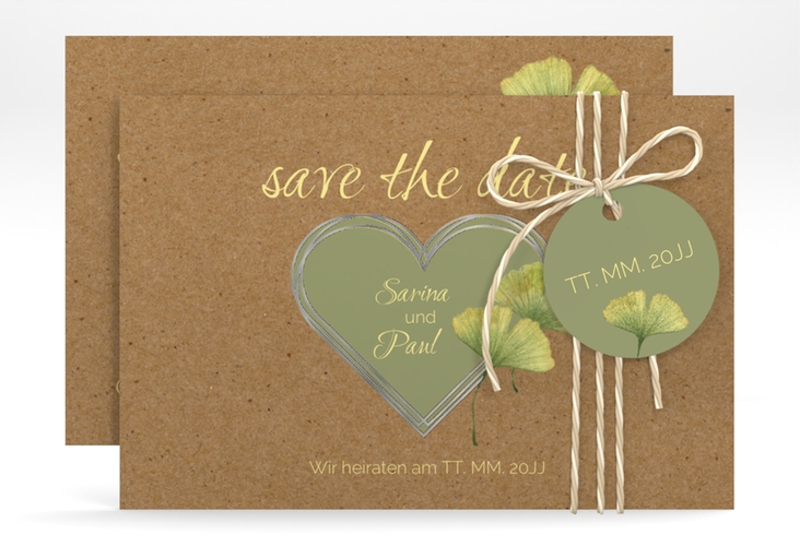 Save the Date-Karte Ginko A6 Karte quer silber mit Herz und zwei Ginkgo-Blättern