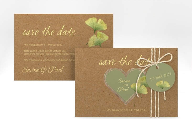 Save the Date-Karte Ginko A6 Karte quer rosegold mit Herz und zwei Ginkgo-Blättern