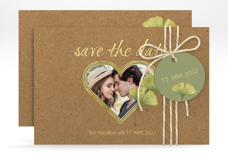 Save the Date-Karte Ginko A6 Karte quer gold mit Herz und zwei Ginkgo-Blättern