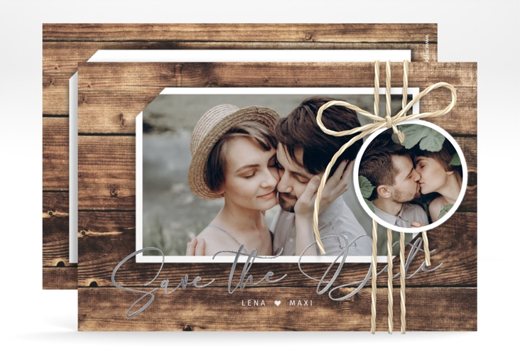 Save the Date-Karte Rustic A6 Karte quer silber in Holz-Optik mit Foto