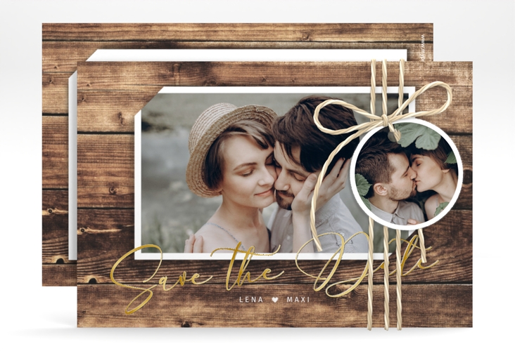 Save the Date-Karte Rustic A6 Karte quer gold in Holz-Optik mit Foto