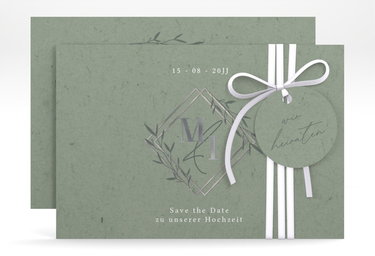 Save the Date-Karte Greenletter A6 Karte quer silber mit Initialen in elegantem Goldrahmen mit Blättern