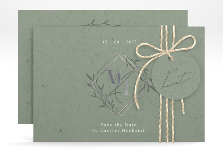 Save the Date-Karte Greenletter A6 Karte quer silber mit Initialen in elegantem Goldrahmen mit Blättern