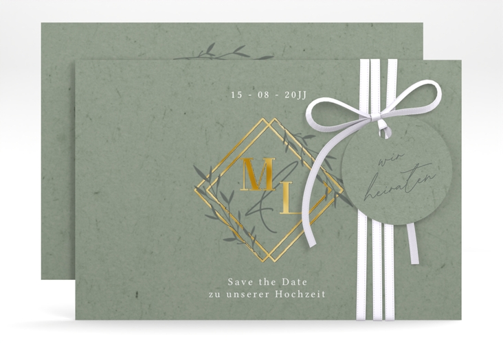 Save the Date-Karte Greenletter A6 Karte quer gold mit Initialen in elegantem Goldrahmen mit Blättern