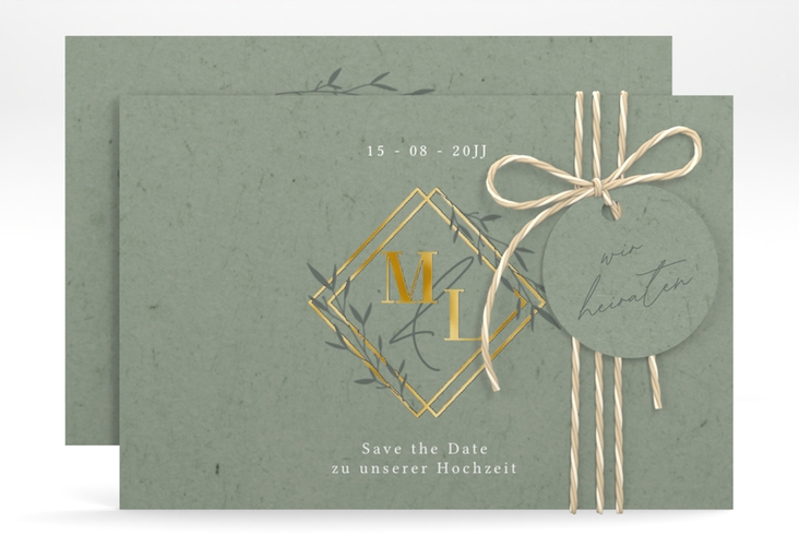 Save the Date-Karte Greenletter A6 Karte quer gold mit Initialen in elegantem Goldrahmen mit Blättern