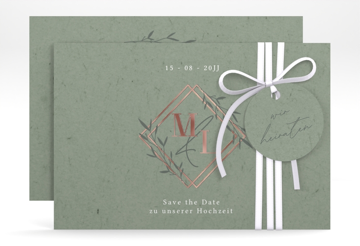 Save the Date-Karte Greenletter A6 Karte quer rosegold mit Initialen in elegantem Goldrahmen mit Blättern