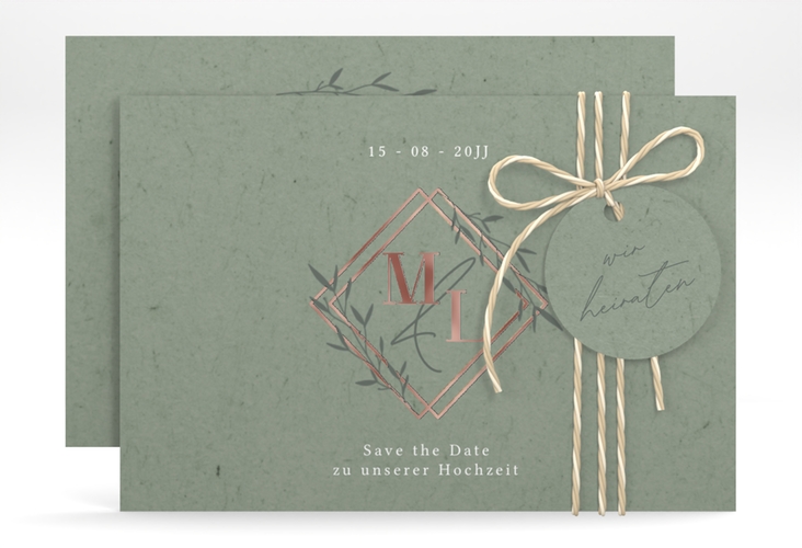 Save the Date-Karte Greenletter A6 Karte quer rosegold mit Initialen in elegantem Goldrahmen mit Blättern