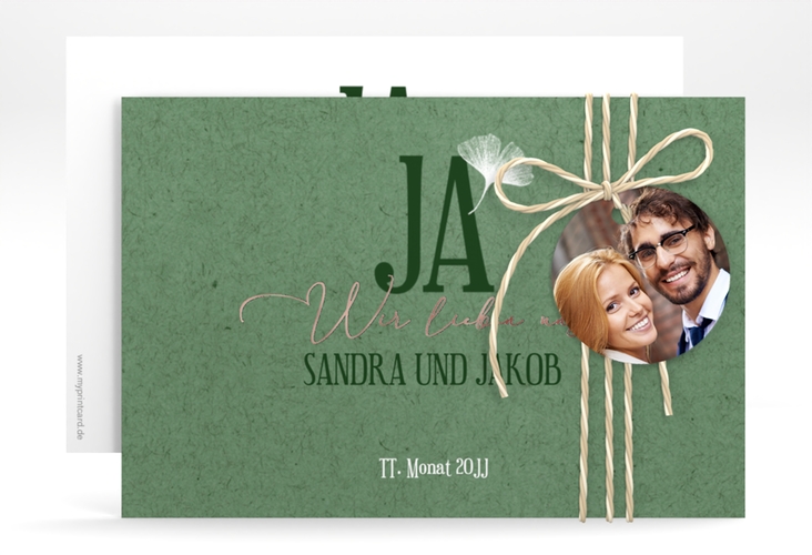 Save the Date-Karte Ja A6 Karte quer rosegold mit Ginkgo-Blatt