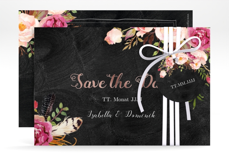 Save the Date-Karte Flowers A6 Karte quer rosegold mit bunten Aquarell-Blumen