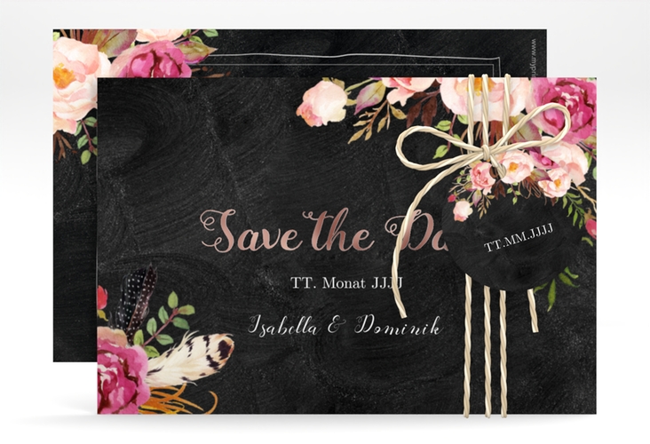 Save the Date-Karte Flowers A6 Karte quer rosegold mit bunten Aquarell-Blumen