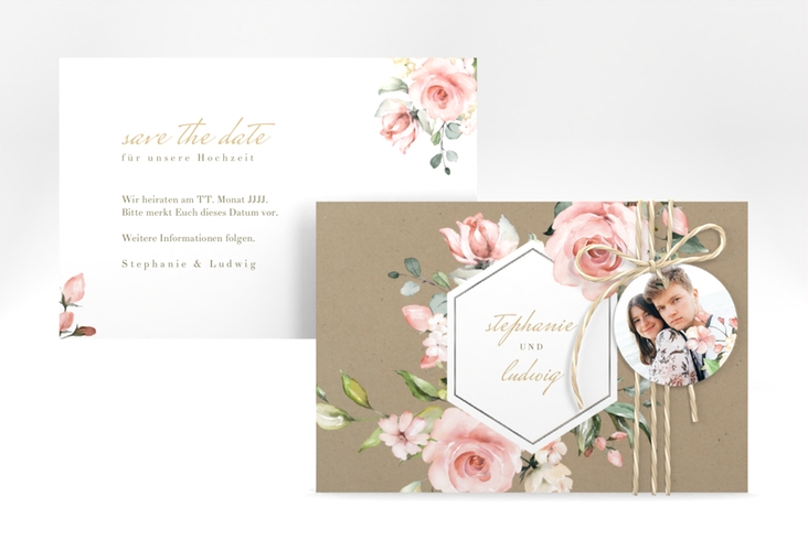 Save the Date-Karte Graceful A6 Karte quer silber mit Rosenblüten in Rosa und Weiß