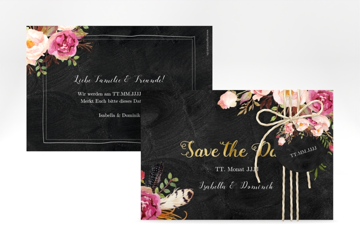 Save the Date-Karte Flowers A6 Karte quer gold mit bunten Aquarell-Blumen