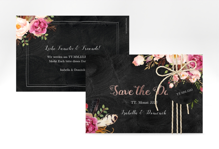 Save the Date-Karte Flowers A6 Karte quer rosegold mit bunten Aquarell-Blumen