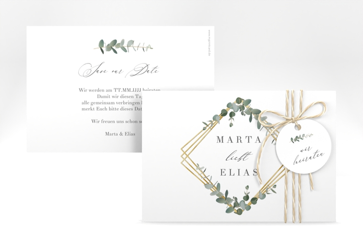 Save the Date-Karte Eukalyptus A6 Karte quer gold